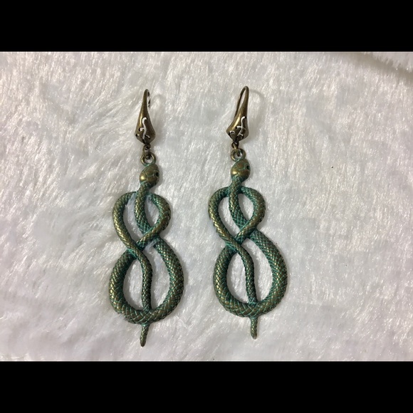 SOLD!! Verdigris Infinity Snake Earrings - Picture 3 of 15